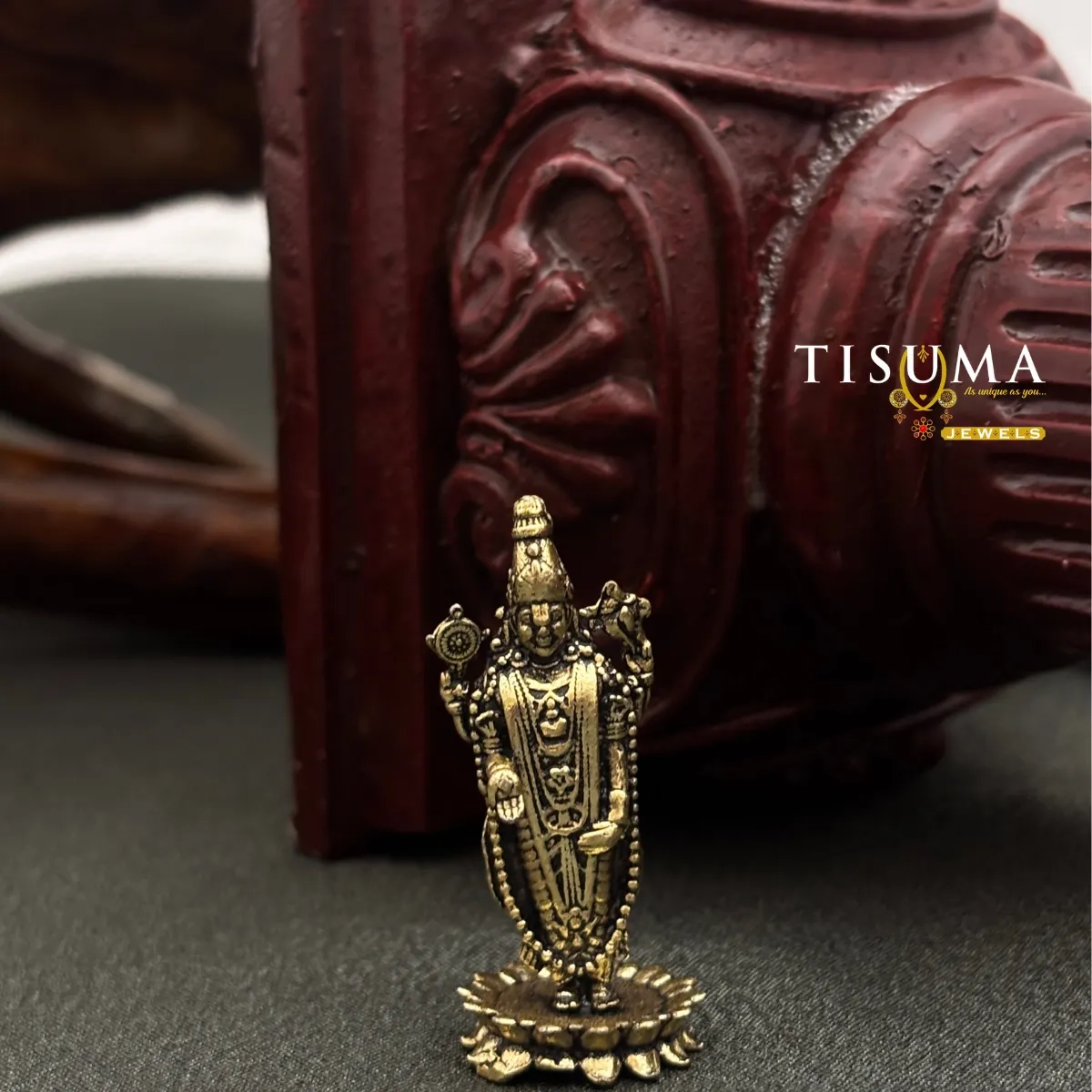 Antique gold-finish standing Lord Venkateswara idol with traditional crown and ornaments